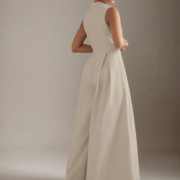 Ivory White Wide Leg Zip Up High Neck Jumpsuit - Picture 6 of 7